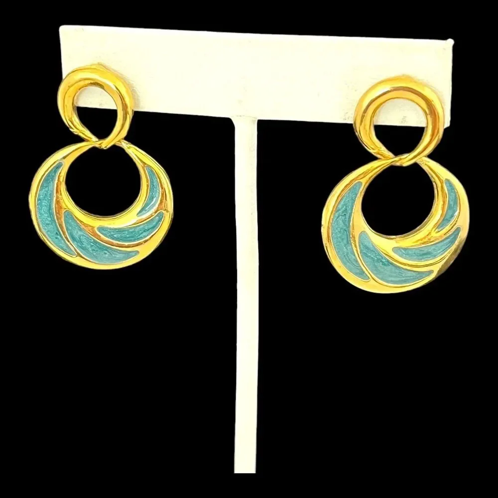 Vintage 1980s Gold Tone Open Circle Drop Earrings Teal Enamel Pierced - 3H E